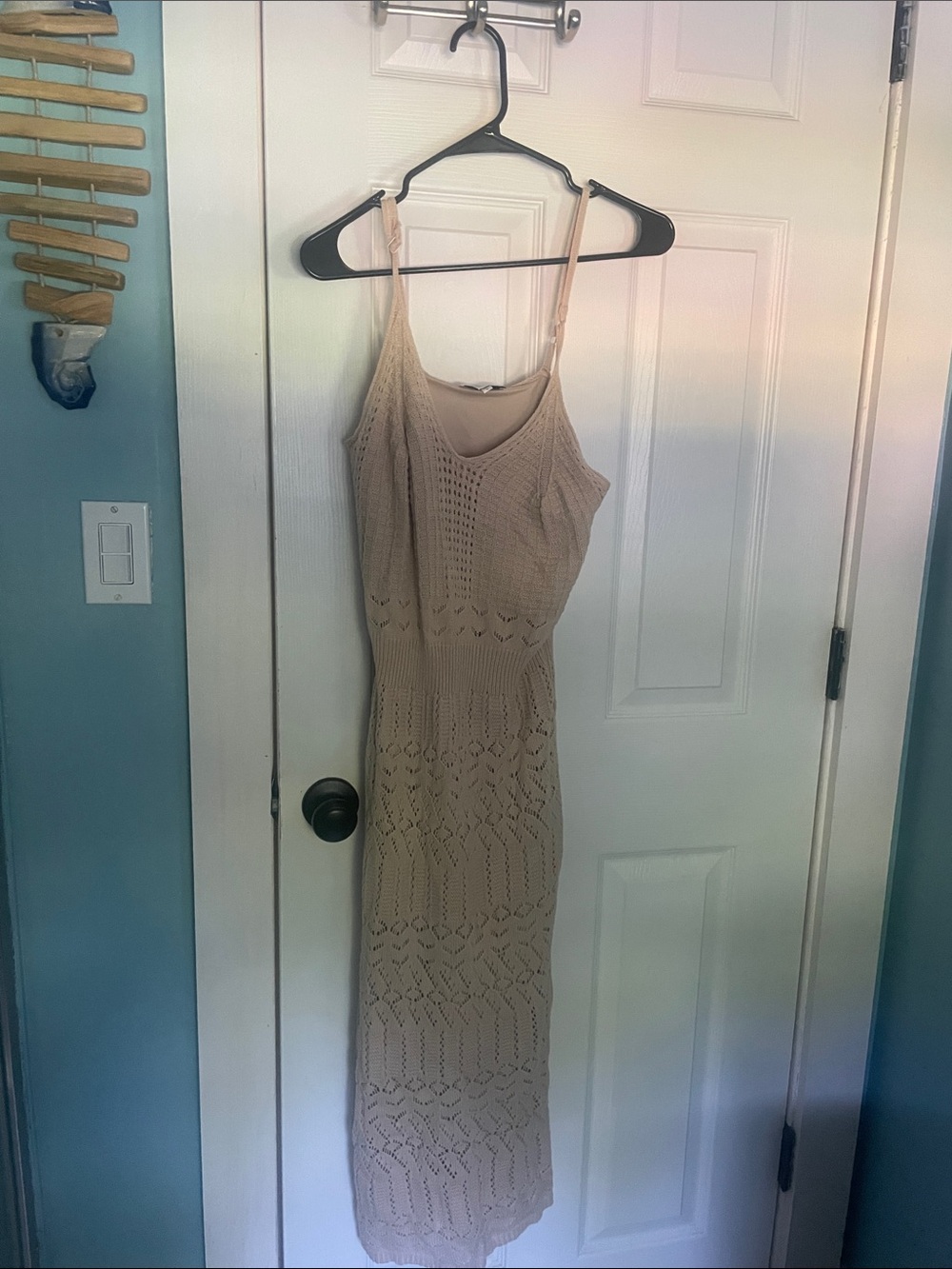 Beige Crochet Knit Spaghetti Strap Maxi Dress